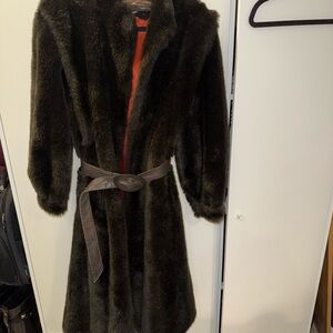 Saint Laurent Dark Brown Faux Fur Trench Coat with Belt
